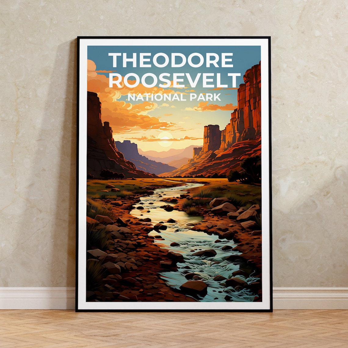 Theodore Roosevelt National Park Badlands River Sunset Travel Poster