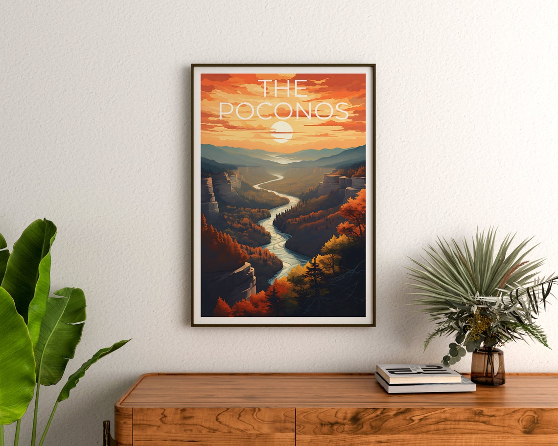 The Poconos Pennsylvania Sunset River Gorge Fall Foliage Travel Poster - Image 3