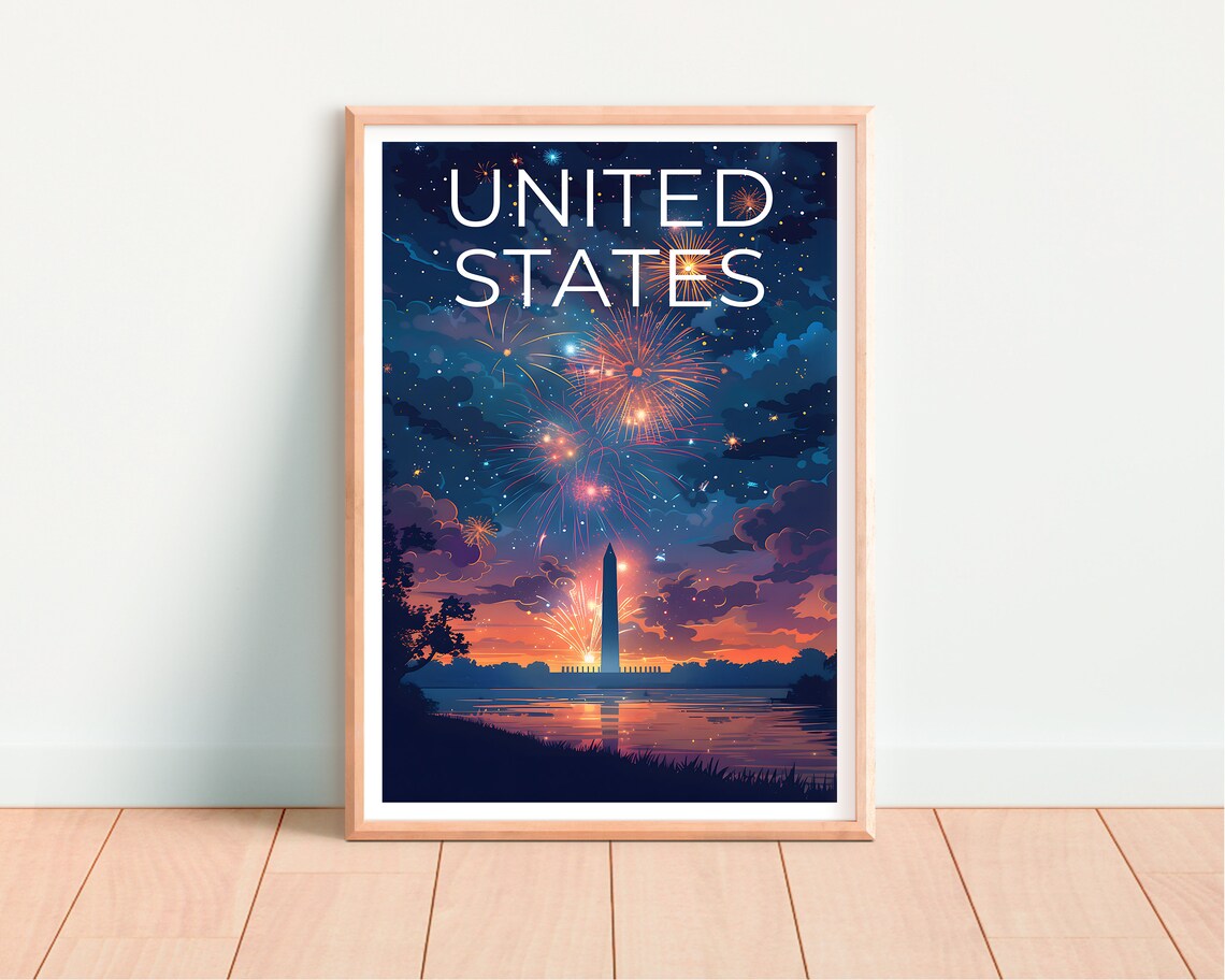 United States Washington DC Fireworks Monument Night Sky Travel Poster - Image 4