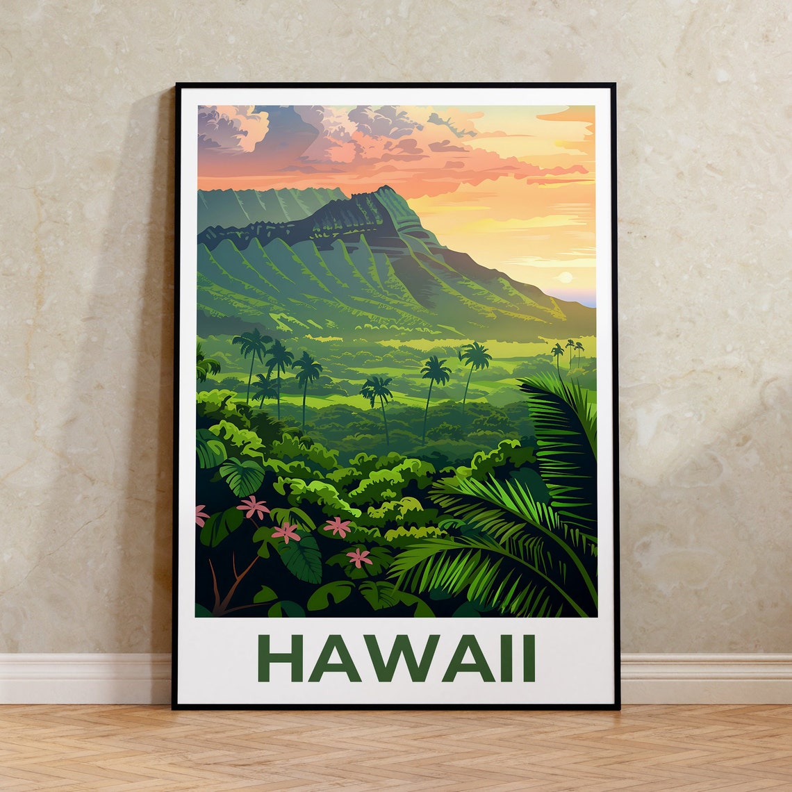 Hawaii Lush Green Mountain Valley Palm Trees Sunrise View Poster