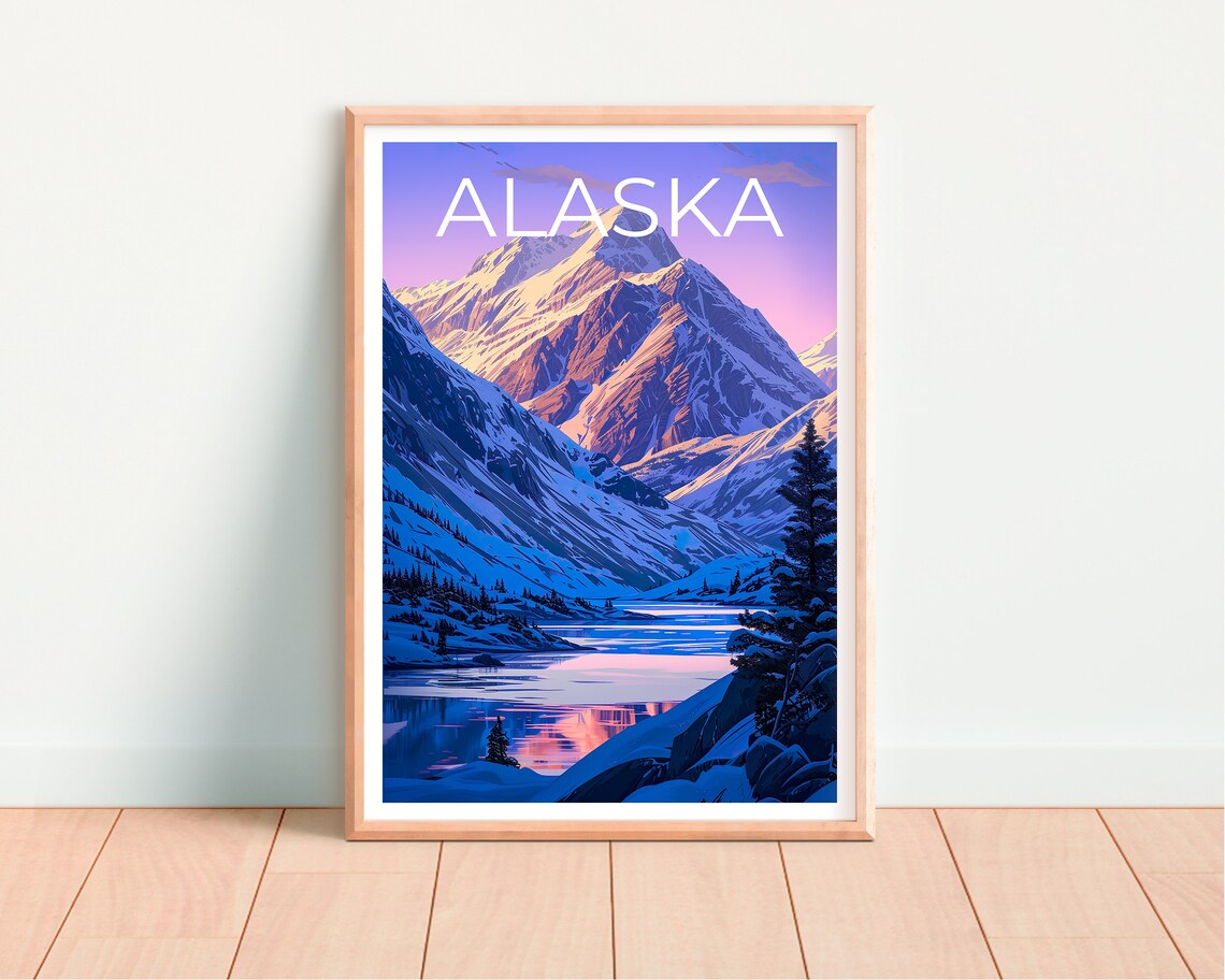 Alaska Snow Capped Mountains Frozen Lake Dawn Reflection Travel Poster - Image 4