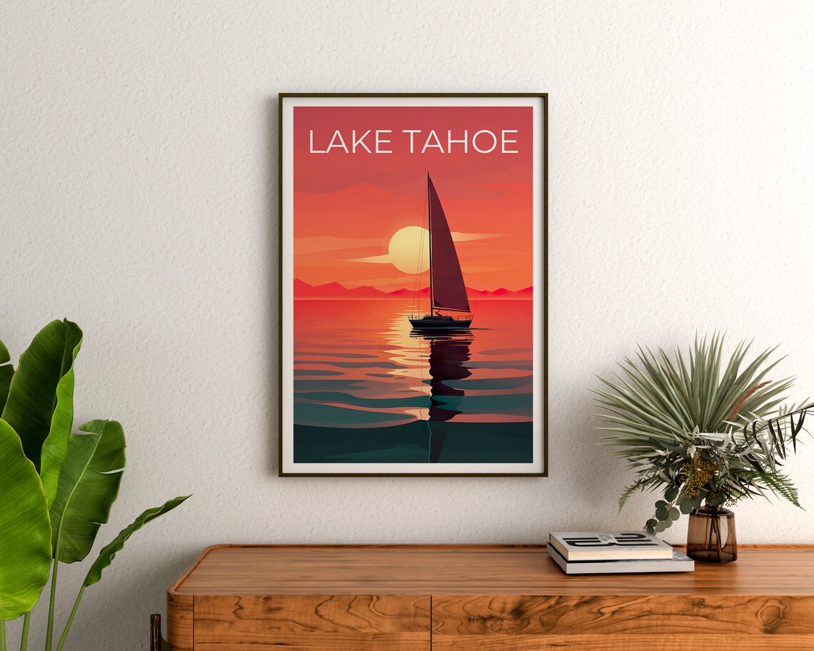 Lake Tahoe Sunset Sailboat Orange Sky Calm Lake Vintage Travel Poster - Image 3