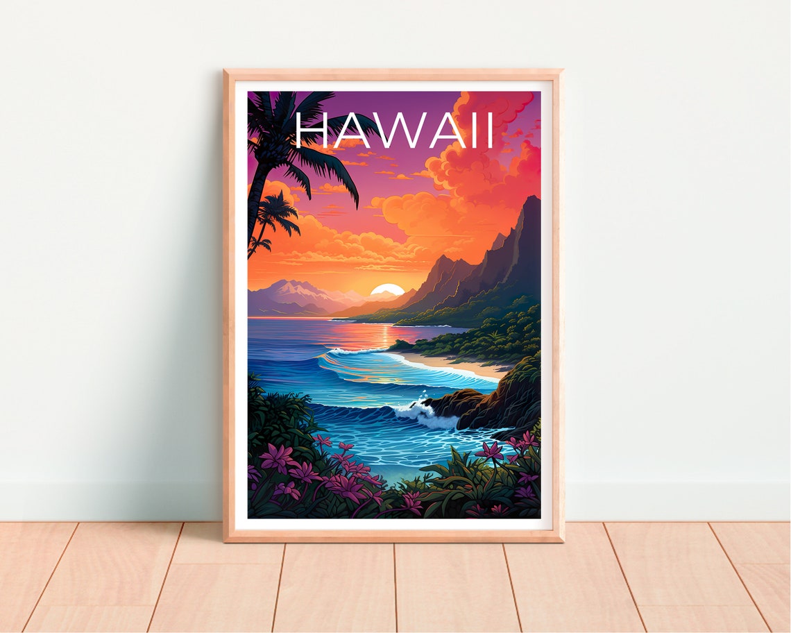 Hawaii Coast Sunset Palm Trees Surf Waves Cliffs Tropical View Poster - Image 4