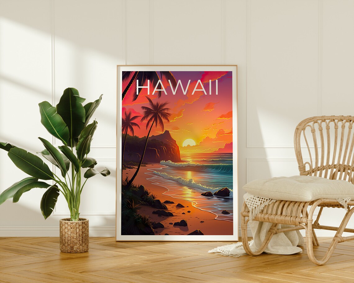 Hawaii Golden Beach Sunset Palm Trees Rocky Shoreline Travel Poster - Image 2
