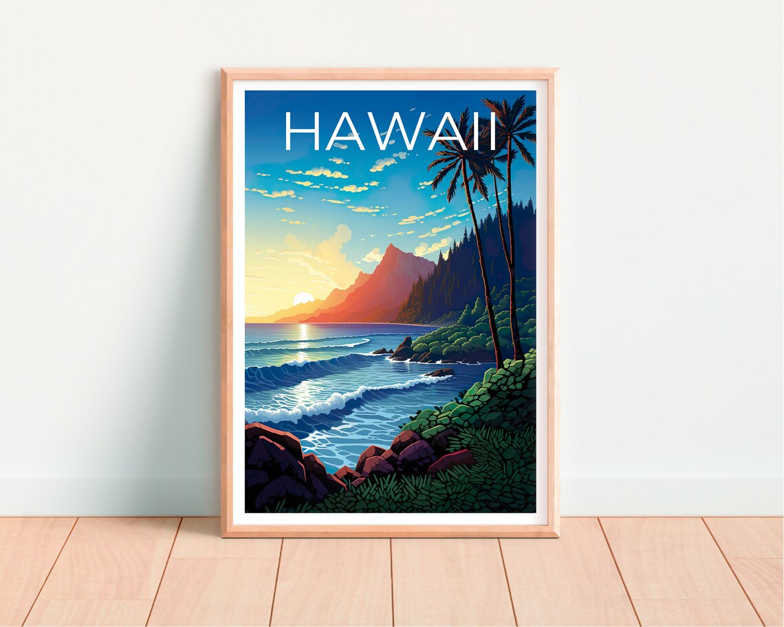 Hawaii Beach Palm Trees Sunset Waves Mountain Coastline Travel Poster - Image 4