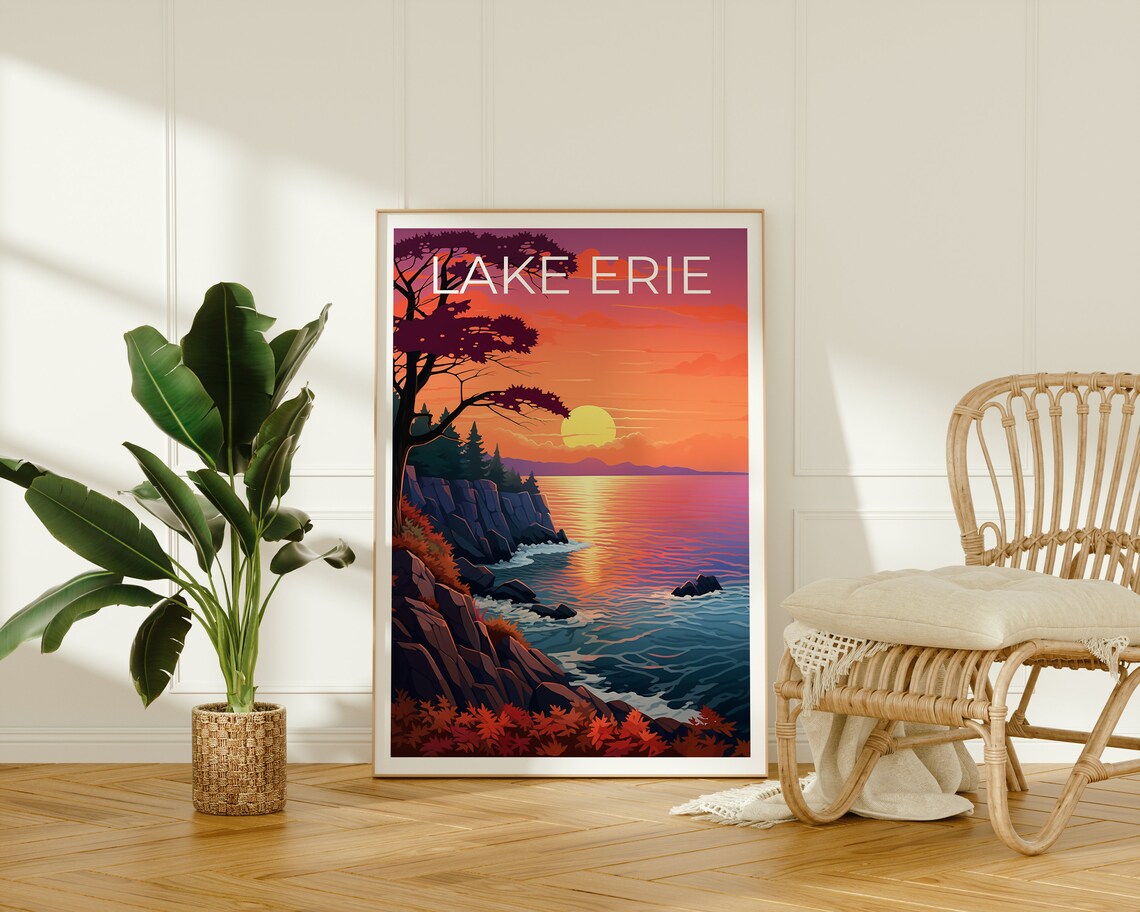 Lake Erie Sunset Rocky Shore Autumn Foliage Great Lakes Travel Poster - Image 2