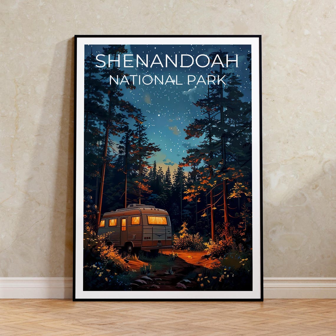 Shenandoah National Park Starry Night Camper Van in Forest Poster