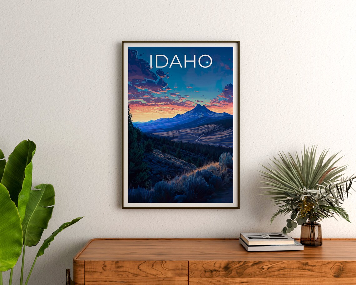 Idaho Mountain Dusk Winding Valley Road Crescent Moon Sunset Poster - Image 2