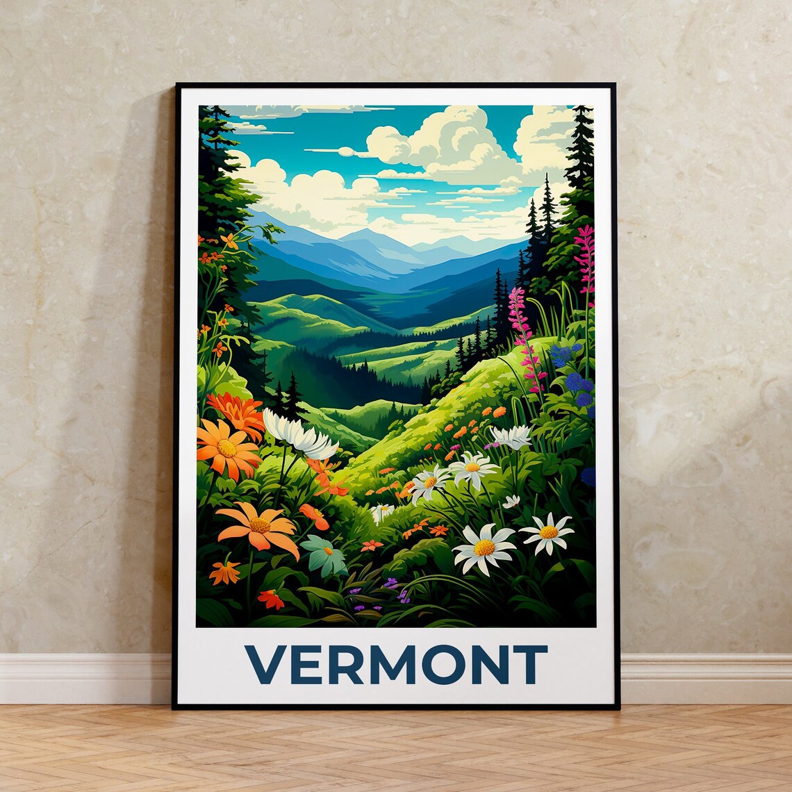 Vermont Green Mountains Flower Travel Poster Print
