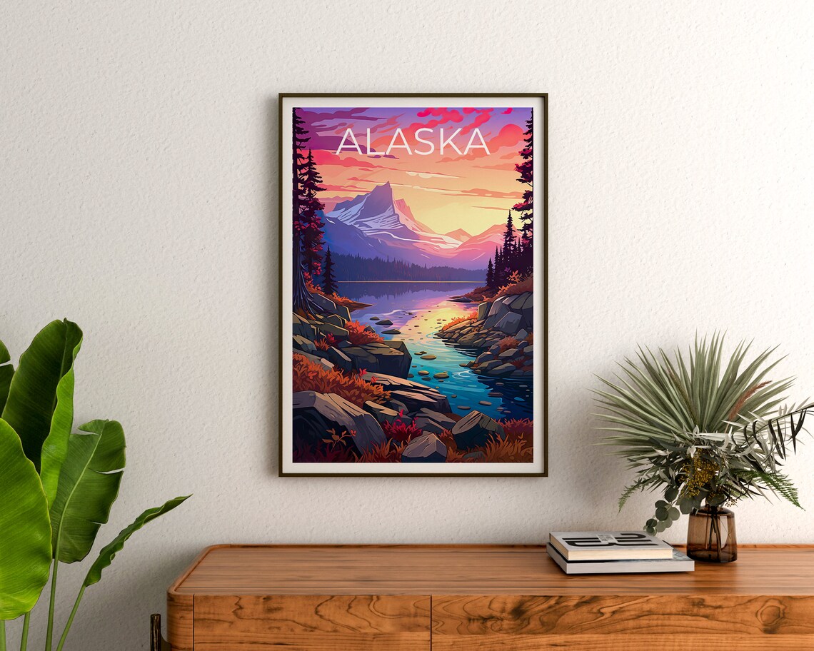 Alaska Snowy Peak Sunrise Lake Pink Sky Rocky Shore View Travel Poster - Image 3