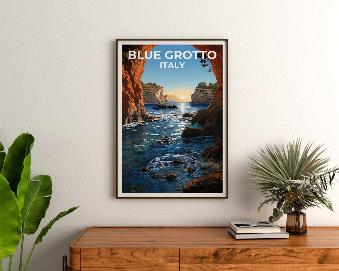 Blue Grotto Italy Capri Sea Cave Cliffs Sunset Waves Travel Poster - Image 3