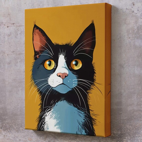 Tuxedo Cat Big Yellow Eyes Mustard Background Pop Art Animal Poster