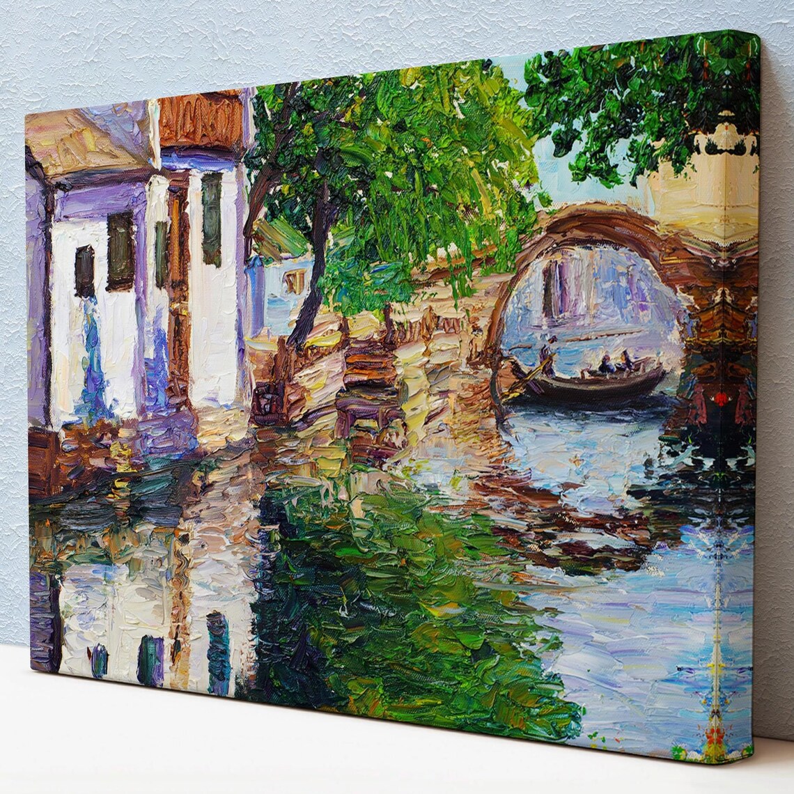 Old Stone Bridge Canal Gondola Boat Impasto European Old Town Poster