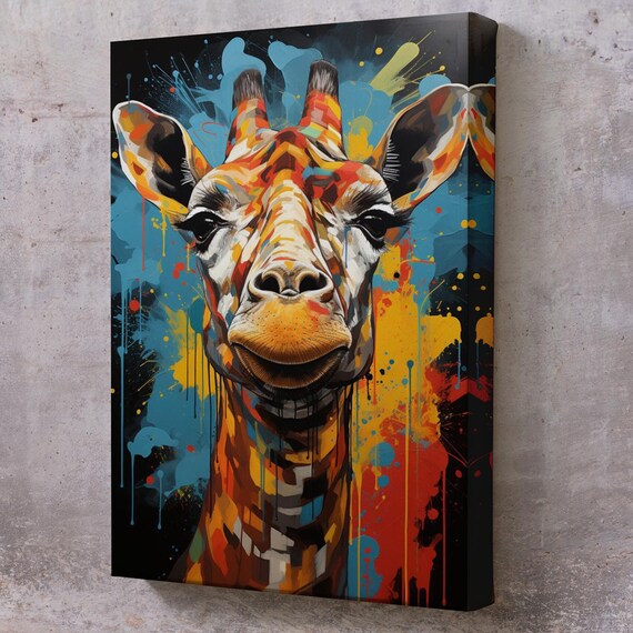 Colorful Graffiti Giraffe Face Paint Splash Dark Background Art Poster