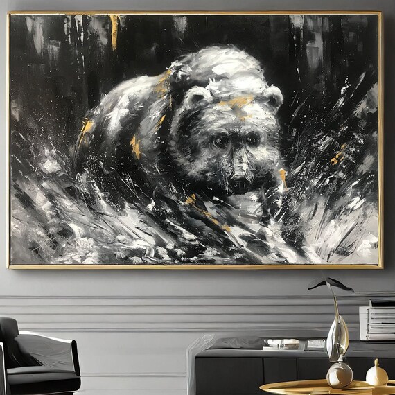Black White Bear Charging Gold Accent Abstract Wildlife Oil Painting Poster