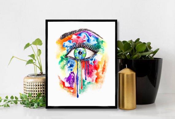 Eye Of The World Print Wall Art Globe Illustration Watercolor Eyeball Drip Drawing Fashion Home Decor Abstract Style Holiday Gift