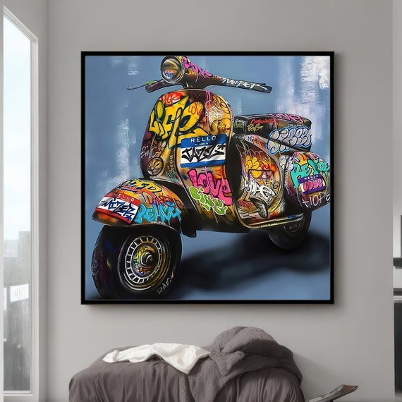 Vibrant Graffit Scooter Wall Art Bold Street Art Pop Culture Print With Colorful Urban Art Modern Best Gift Idea