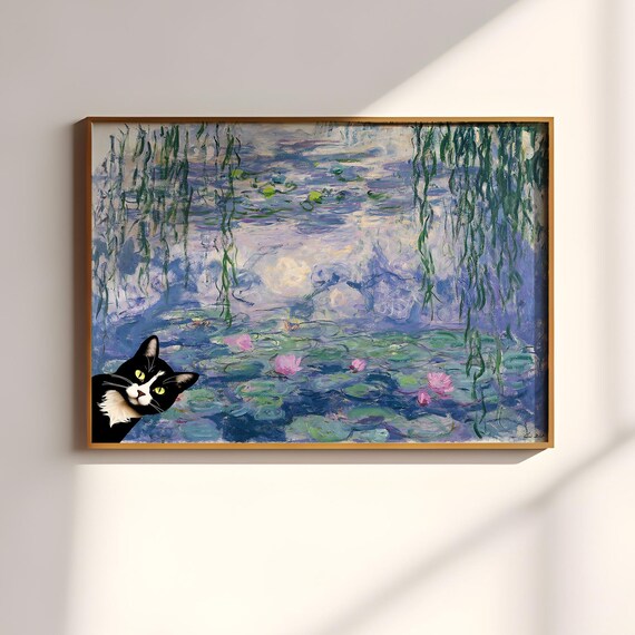 Monet Inspired Water Lilies Black Cat Peeking Whimsical Painting Poster