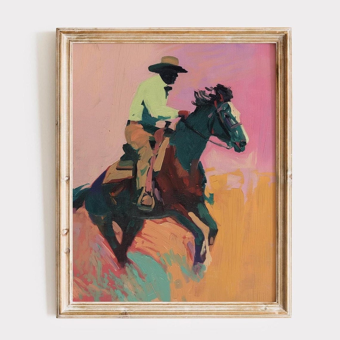 Cowboy Rider on Galloping Horse Pink Sunset Western Art Poster