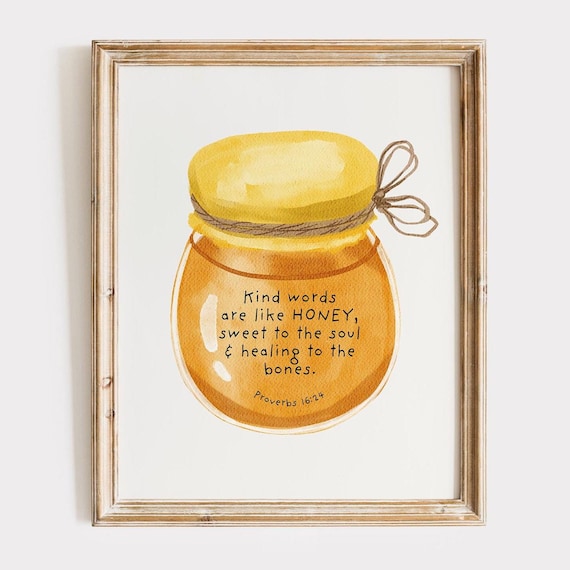 Honey Jar Watercolor Proverbs 16 24 Kind Words Scripture Poster
