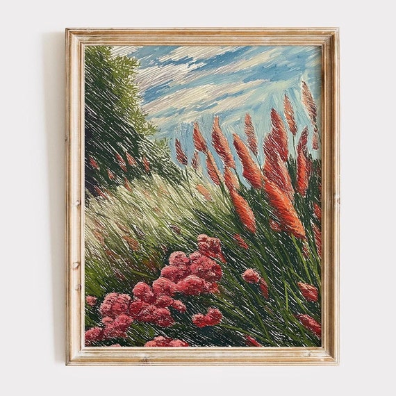 Grassy Field Landscape Painting Botanical Nature Art