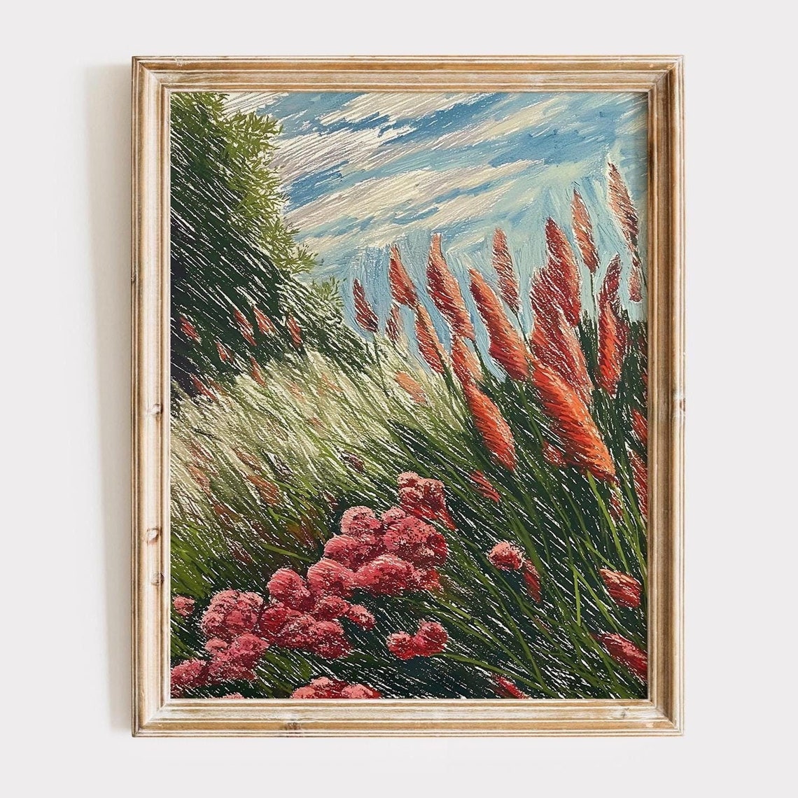 Grassy Field Landscape Painting Botanical Nature Art
