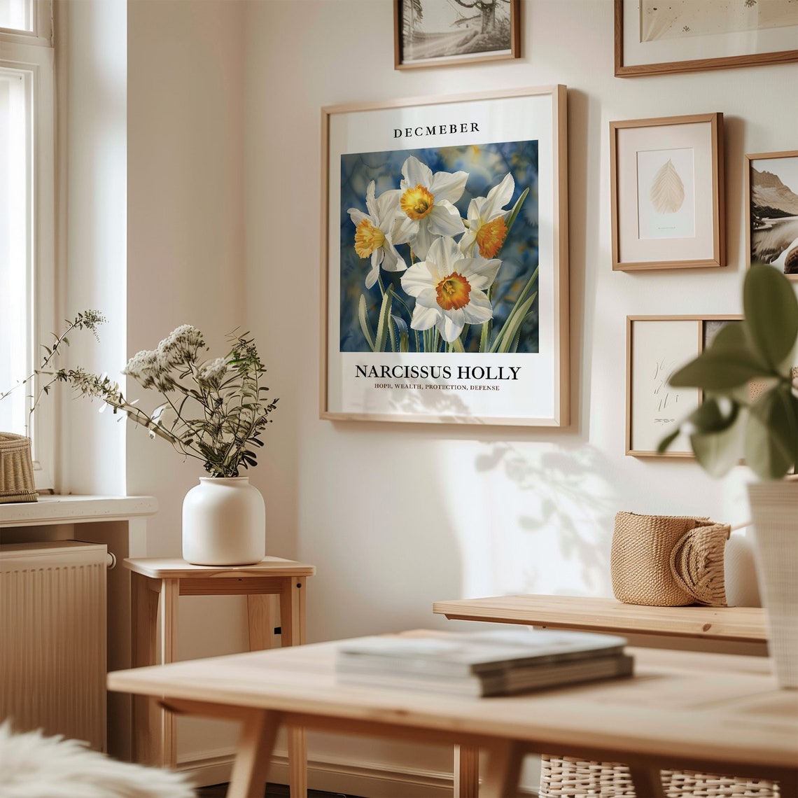 December Winter Narcissus Holly Flower Botanical Holiday Art Poster - Image 2