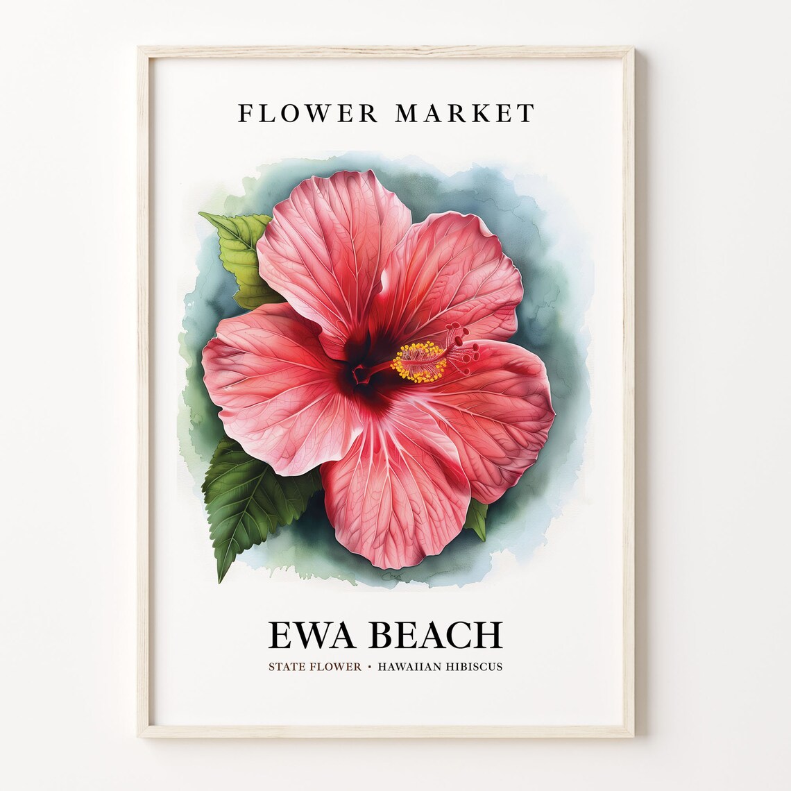 Ewa Beach Hawaiian Hibiscus Flower Market Watercolor Art Poster