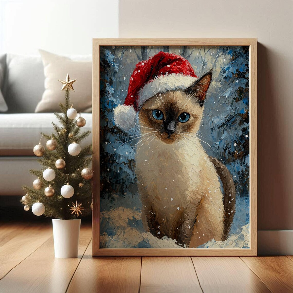Siamese Kitten In Santa Hat Christmas Art Print