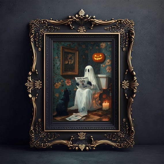 Ghost And Black Cat Bathroom Poster, Halloween Humor