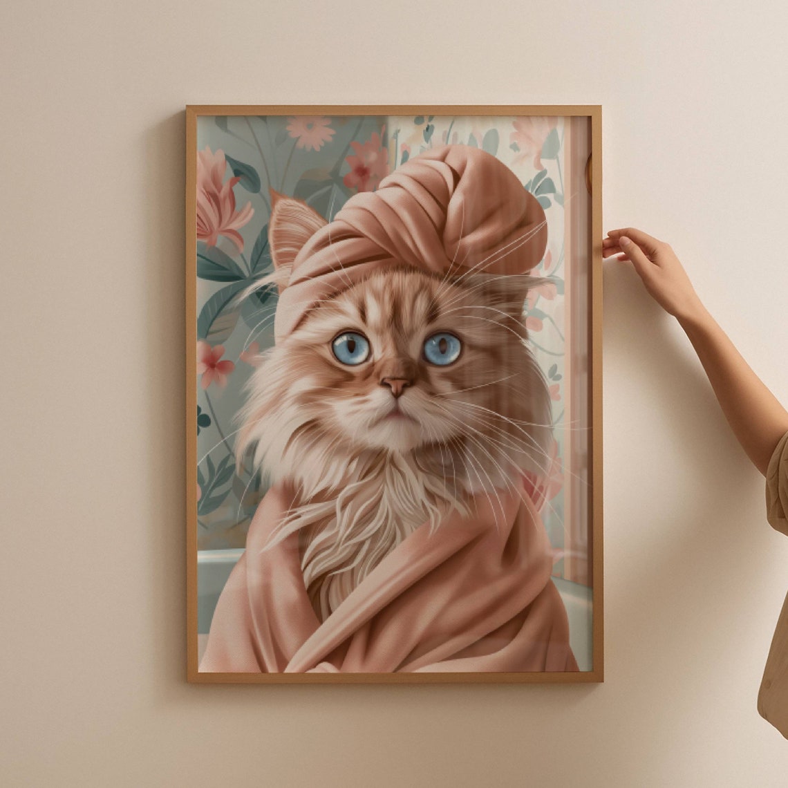 Fluffy Cream Cat Wearing a Spa Towel Wrap in a Cute Bathroom Poster - Image 4