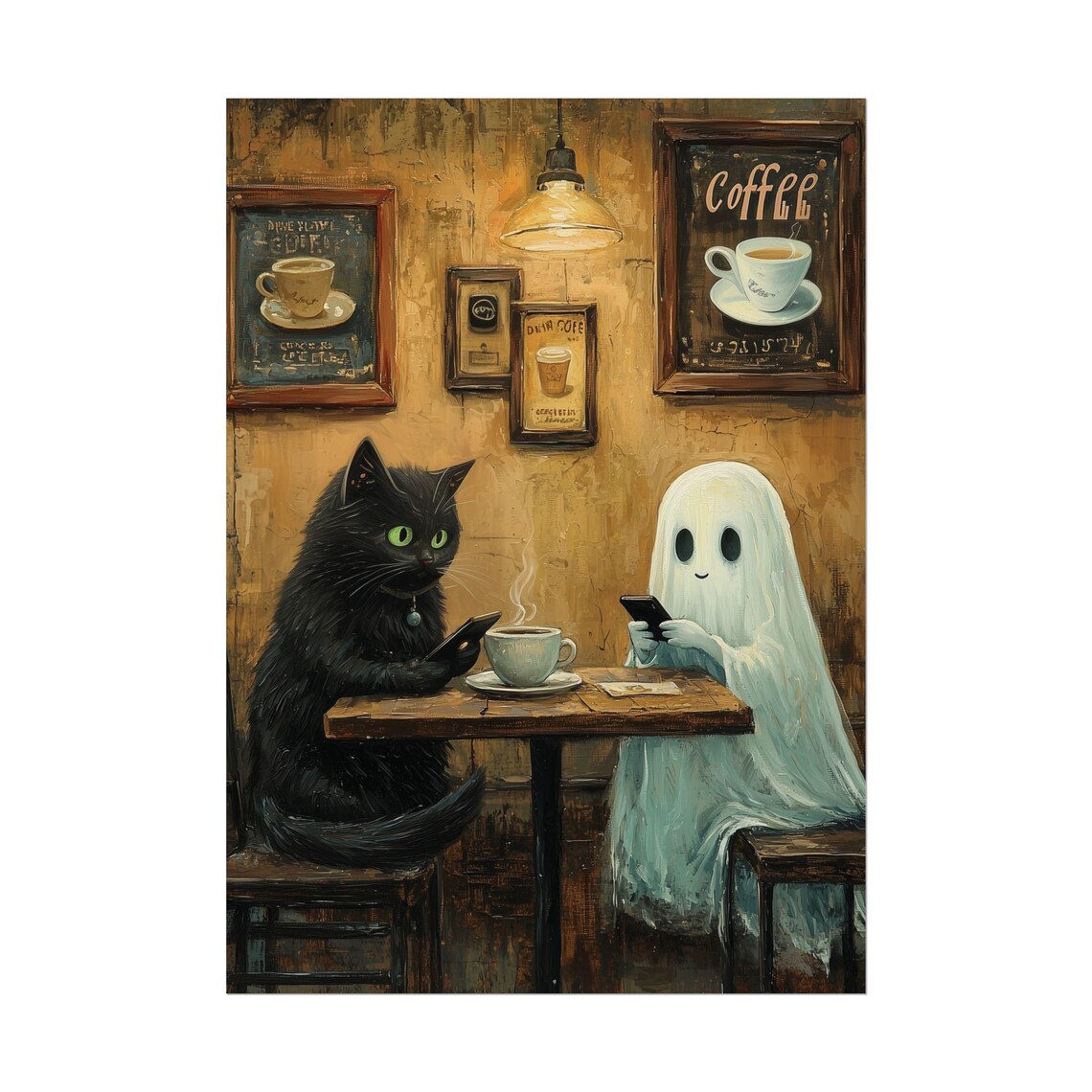 Ghost and Black Cat Checking Phones at a Rustic Coffee Shop Poster - Image 4