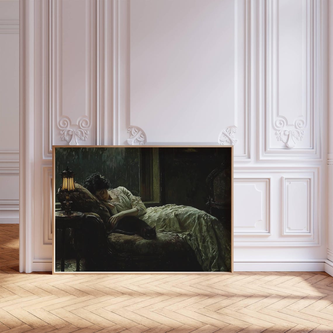 Victorian Woman Sleeping Poster Black Cat Art Moody Rainy Day Decor Dark Atmosphere Wall Art Gothic Print Unframed - Image 2