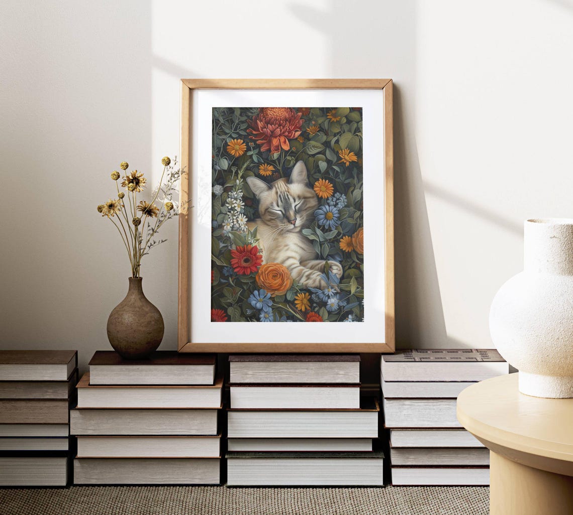 Sleeping Lynx Point Siamese Cat in a Botanical Wildflower Poster - Image 6