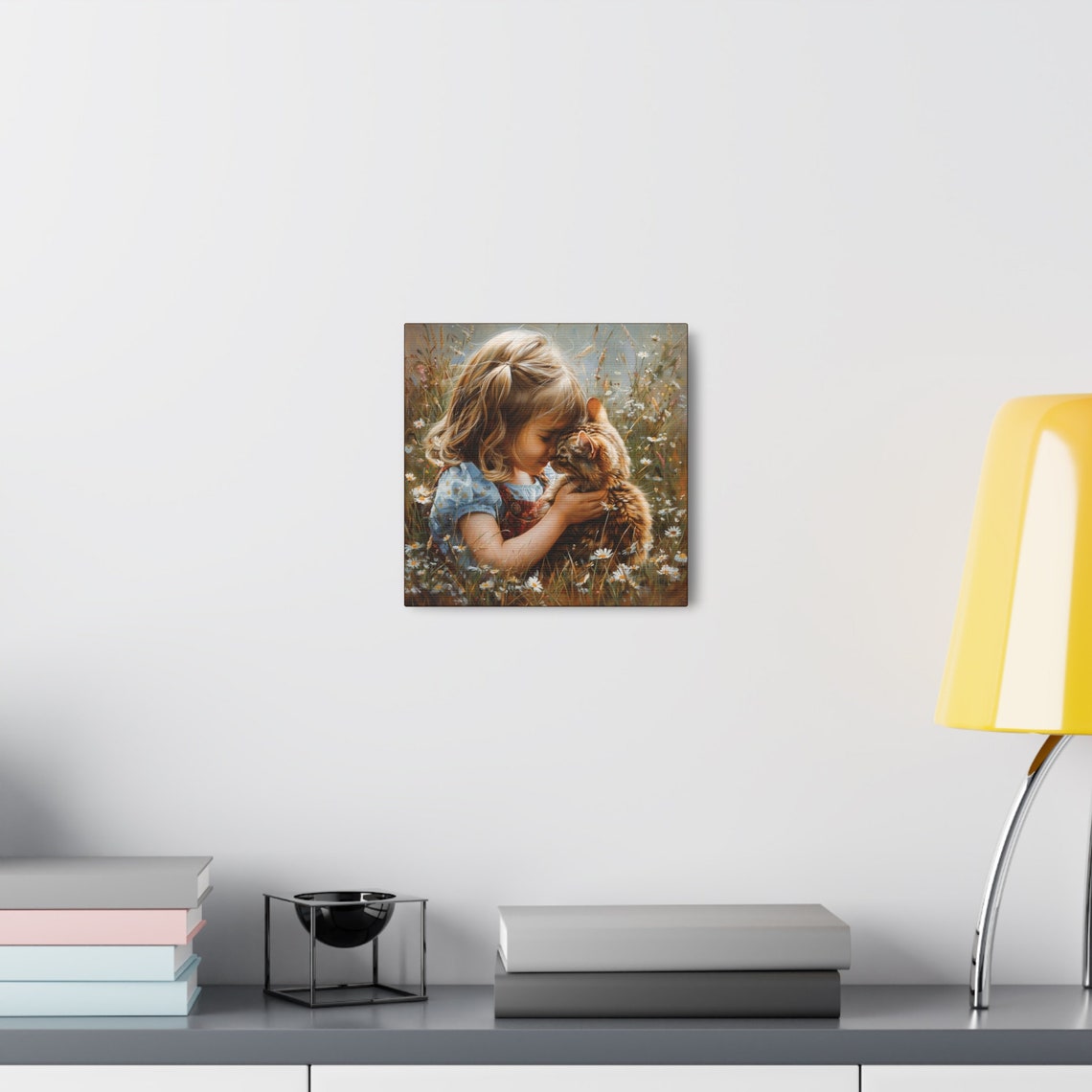 Young Girl Hugging Tabby Kitten in Daisy Meadow Painting Poster - Image 7
