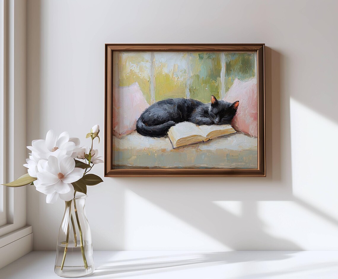 Black Cat Sleeping With Books, Book Lover Art Print - Image 7