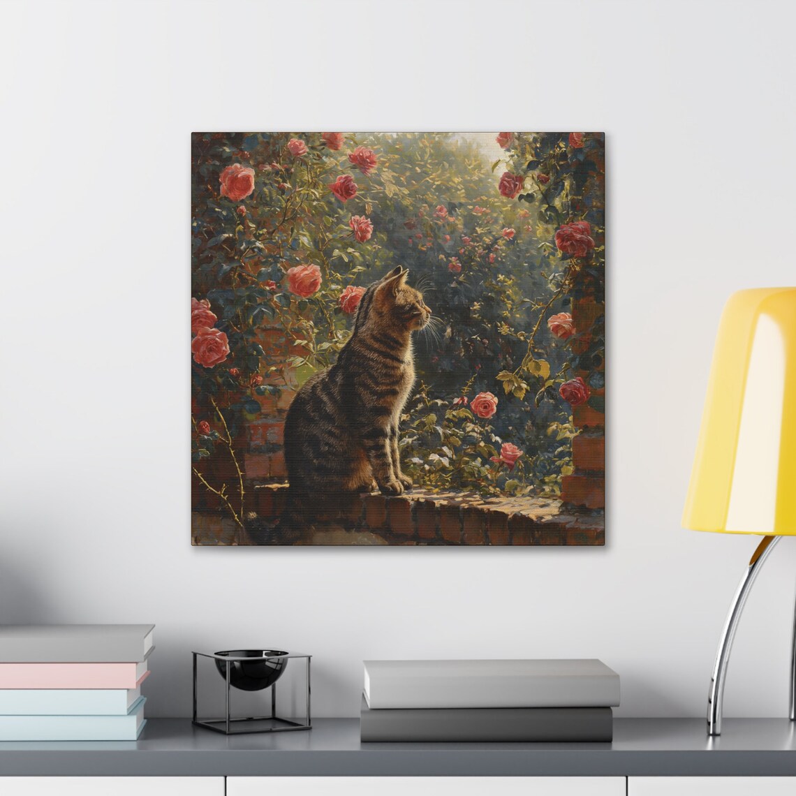 Tabby Cat on Brick Wall Among Red Roses Sunlit Garden Oil Painting Poster - Image 3