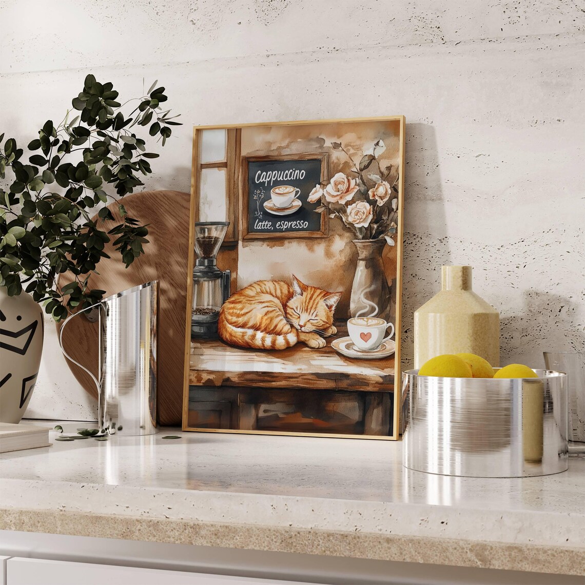Cozy Orange Tabby Cat Napping Peacefully Beside a Heart-Topped Cappuccino Poster - Image 4
