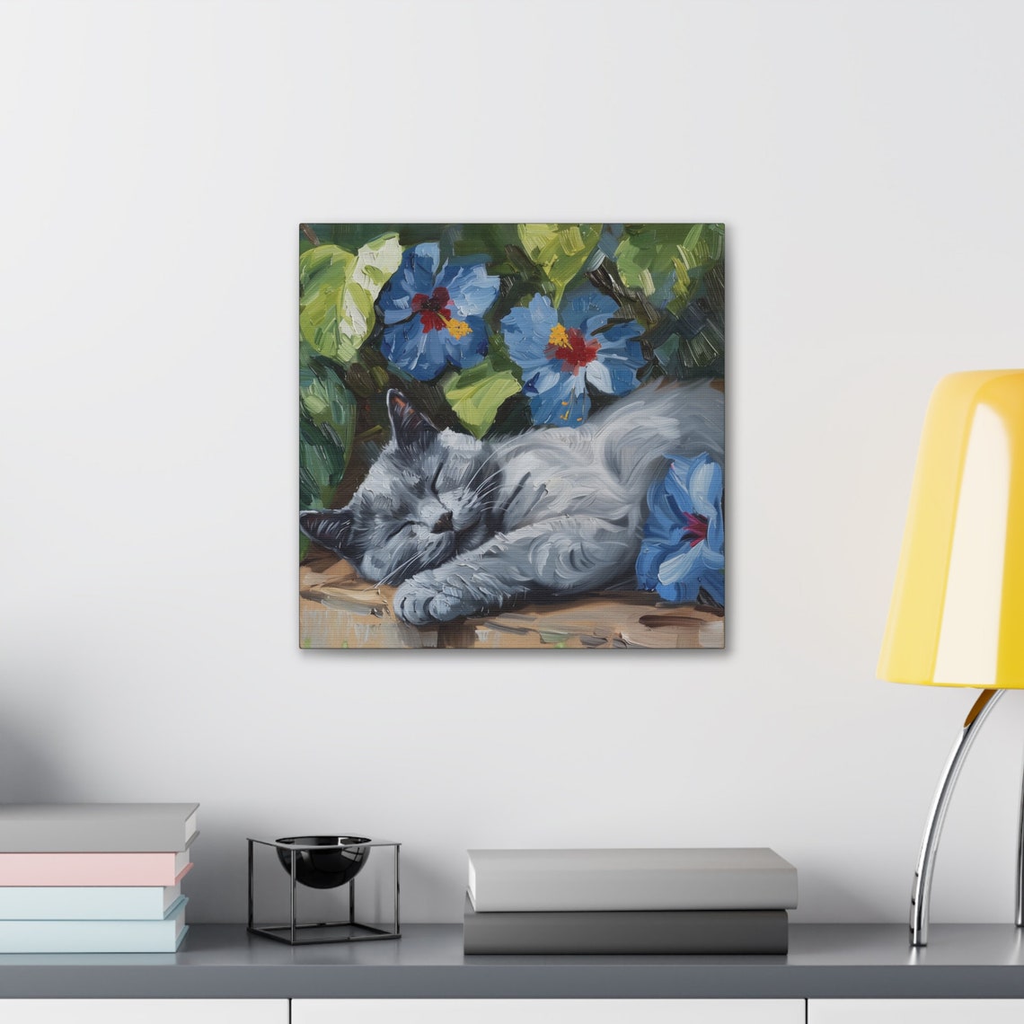 Russian Blue Gray Cat Sleeping Among Blue Hibiscus Flowers Poster - Image 5
