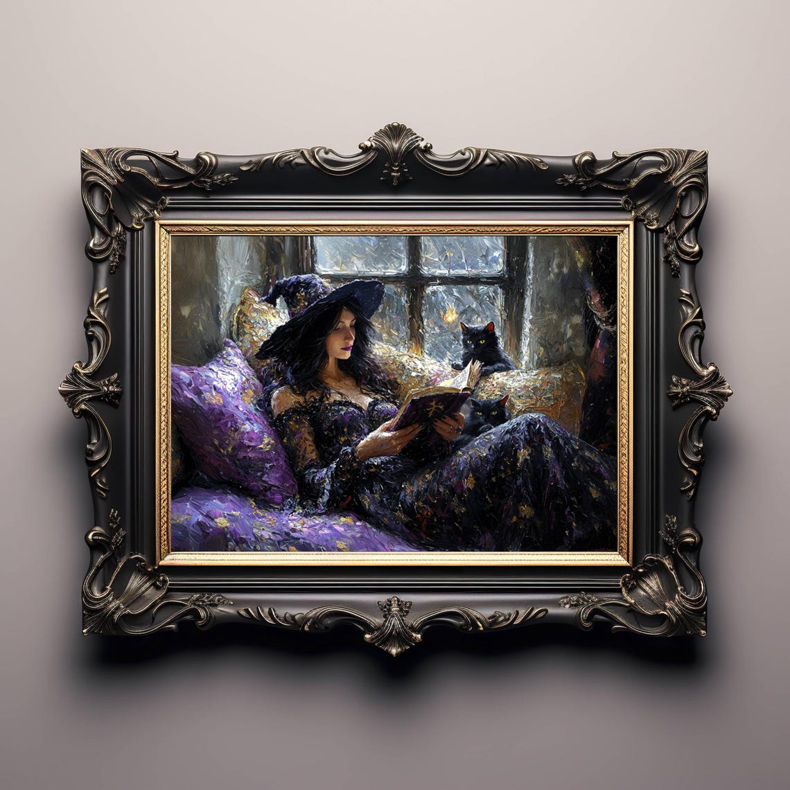 Witch Reading a Spell Book with Two Black Cats by Candlelight Poster - Image 4