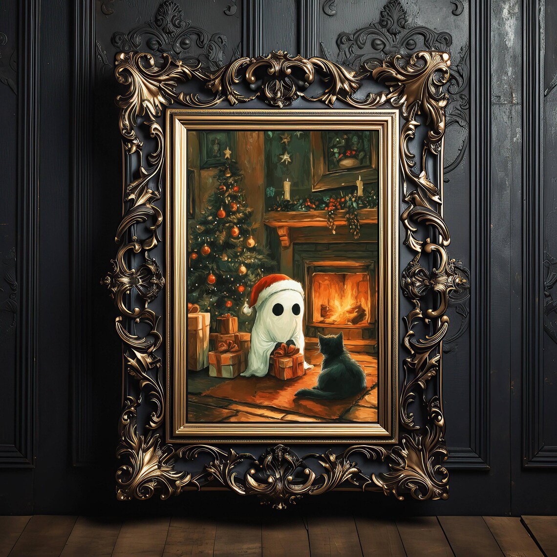 Ghost and Black Cat Christmas Poster, Spooky Holiday Art - Image 4