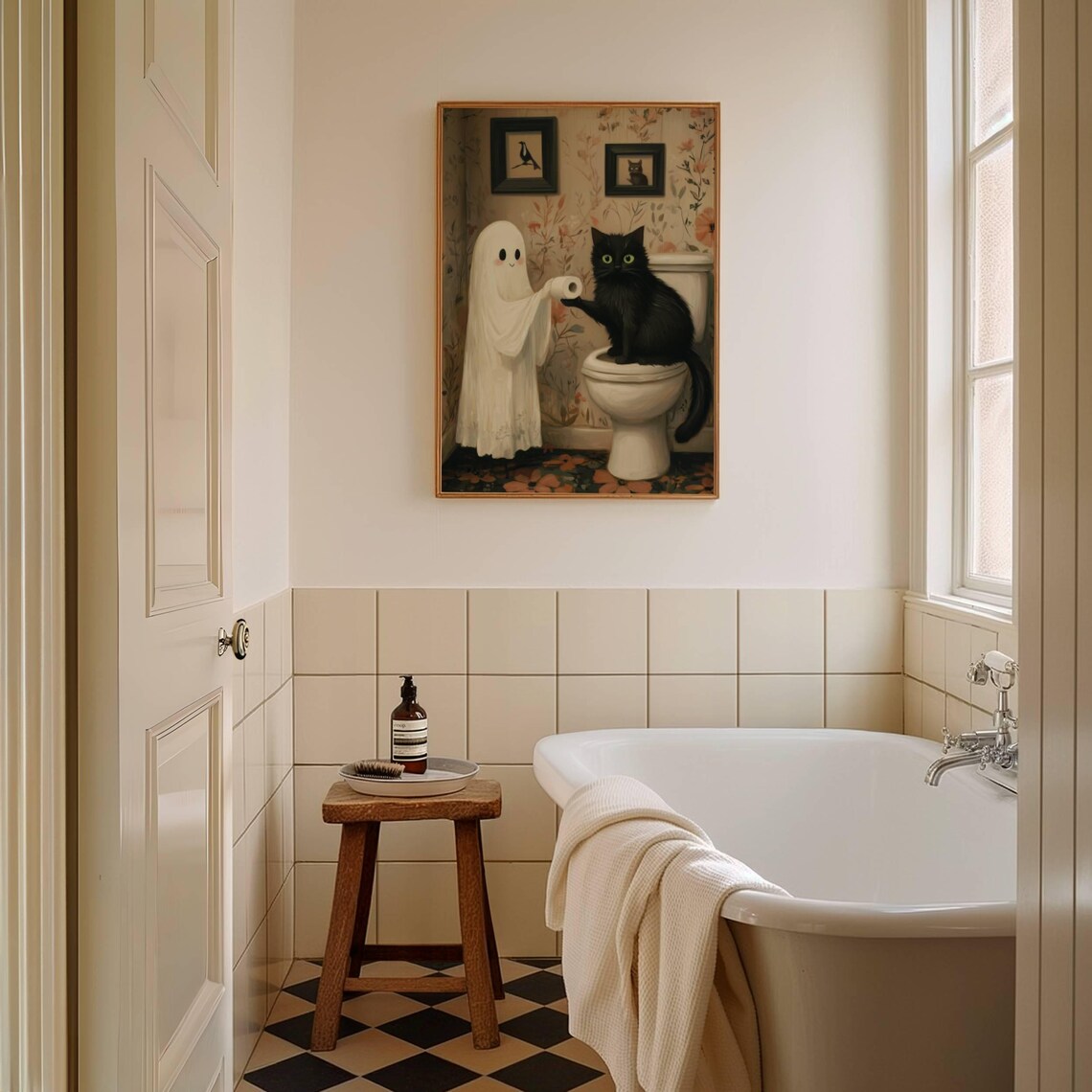 Ghost Handing Toilet Paper to a Black Cat on a Toilet Poster - Image 4