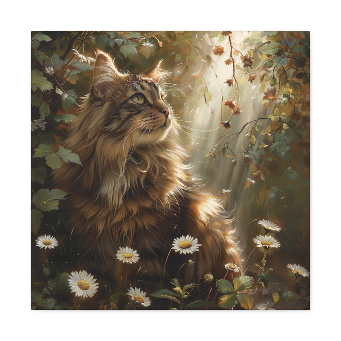 Long Haired Tabby Cat in a Sunlit Garden with Daisies Poster - Image 2