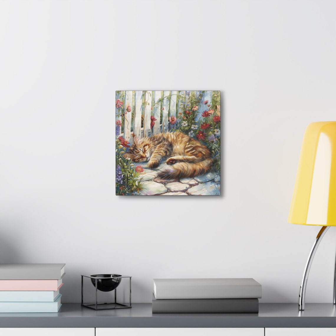 Tabby Cat Sleeping on a Stone Path in a Flower Garden Poster - Image 4