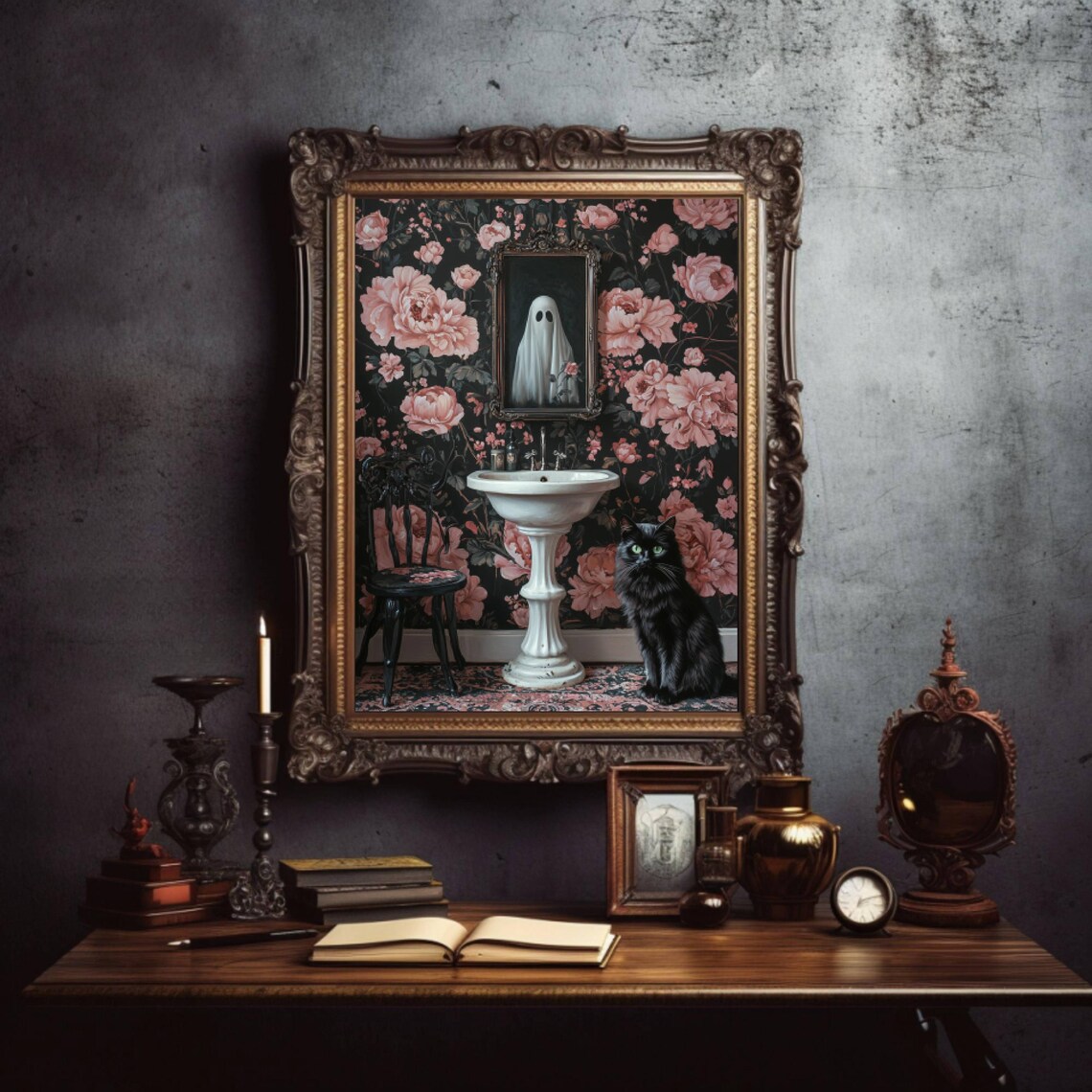 Ghost And Cat In Bathroom, Whimsigoth Halloween Poster Print - Image 3