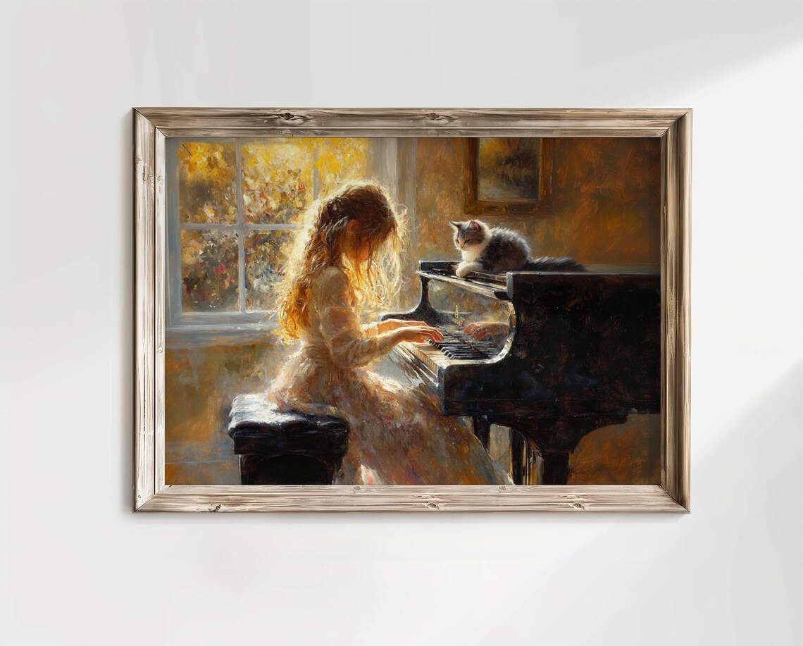 Girl Playing Piano With Her Cat, Music Room Art Print - Image 6