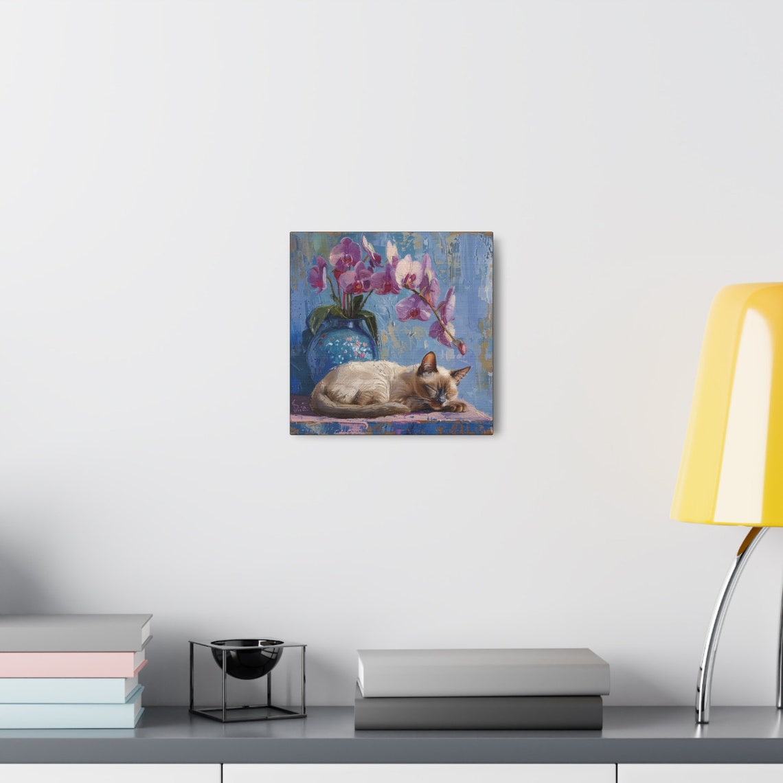 Siamese Cat Sleeping by a Blue Vase of Pink Orchid Blooms Poster - Image 5