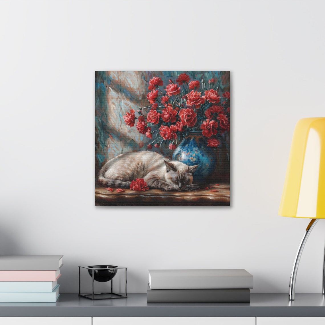 Siamese Cat Sleeping Beside a Vase of Red Carnation Blooms Poster - Image 3