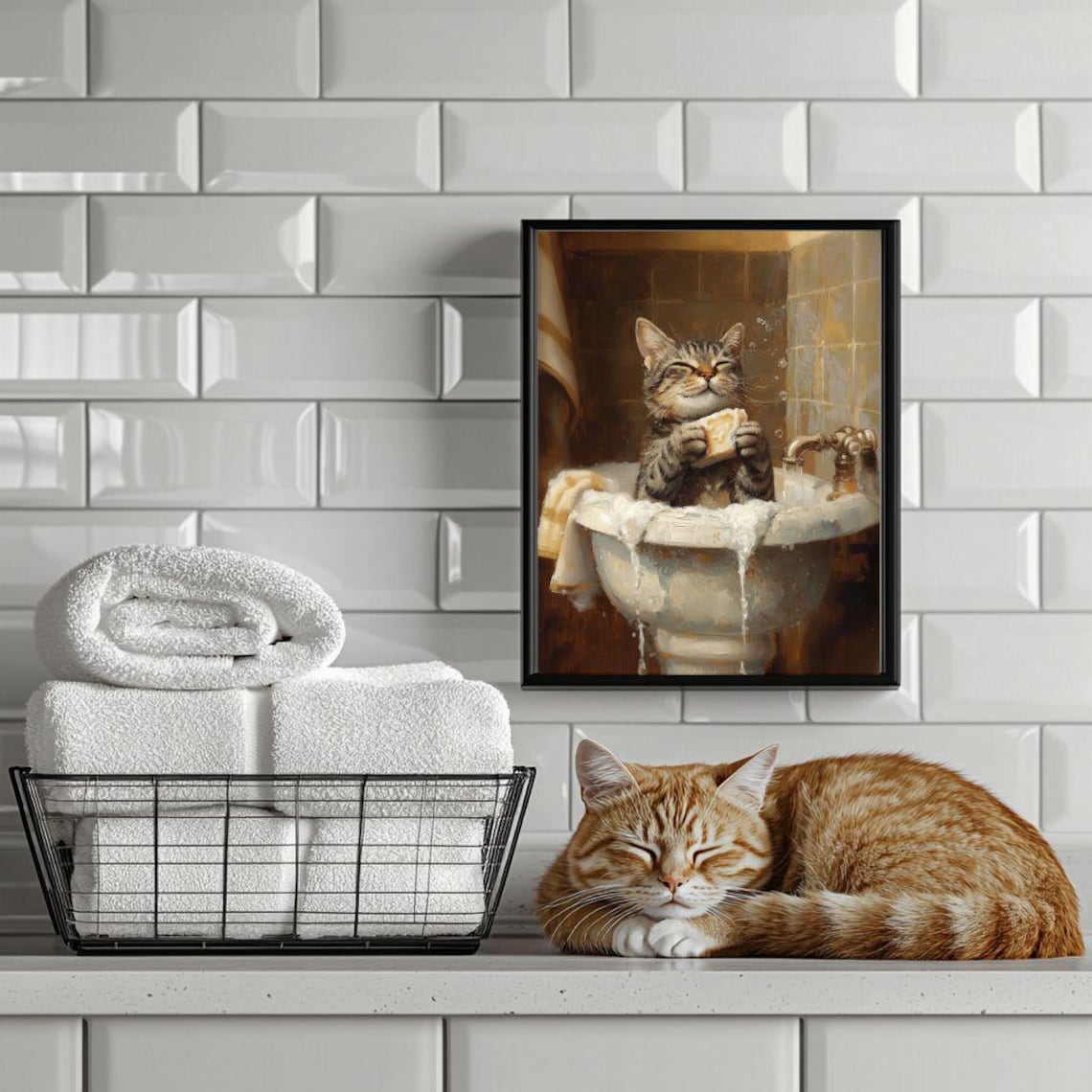 Tabby Cat Taking Bath In Sink Cute Bathroom Art Print - Image 6