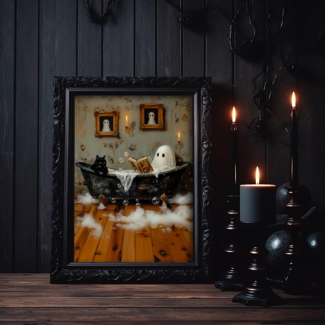 Ghost Reading Book in Bathtub Cat Wall Art Print - Image 3